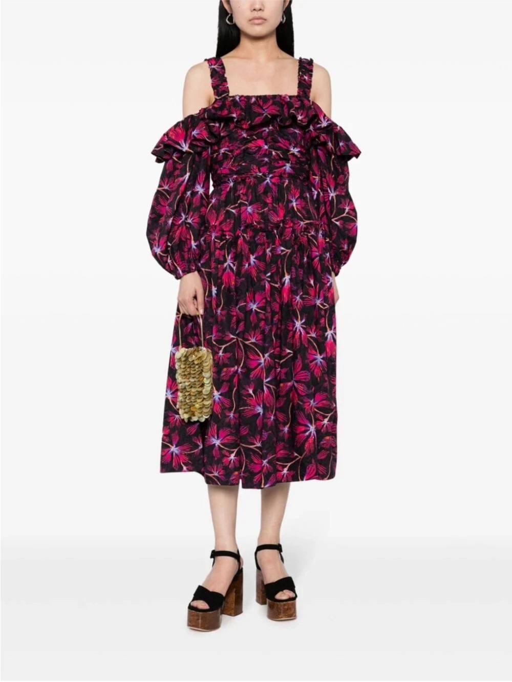 Ulla Johnson Caprice Floral Cold-Shoulder Midi Dress in Deep Magenta 0